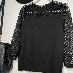 LOFT black sweater blouse, 3/4 sleeve lace, large